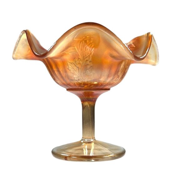 Vtg Carnival Glass Compote Dish Ruffled Amber Holly Berry Iridescent Footed - Picture 3 of 10